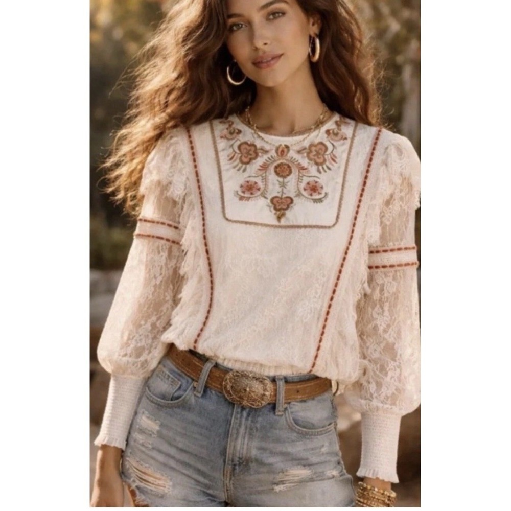 Anthropologie Bl^nk London Blouse Tali Embroidered Floral Lace Sz M Cream Boho‎